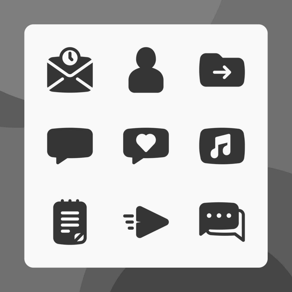 meddelande gränssnitt ikoner i glyf stil, för ui ux design, hemsida ikoner, gränssnitt och företag. Inklusive fördröjning meddelande, chatt bubbla, chatt, kärlek meddelande, skicka meddelande, etc. vektor