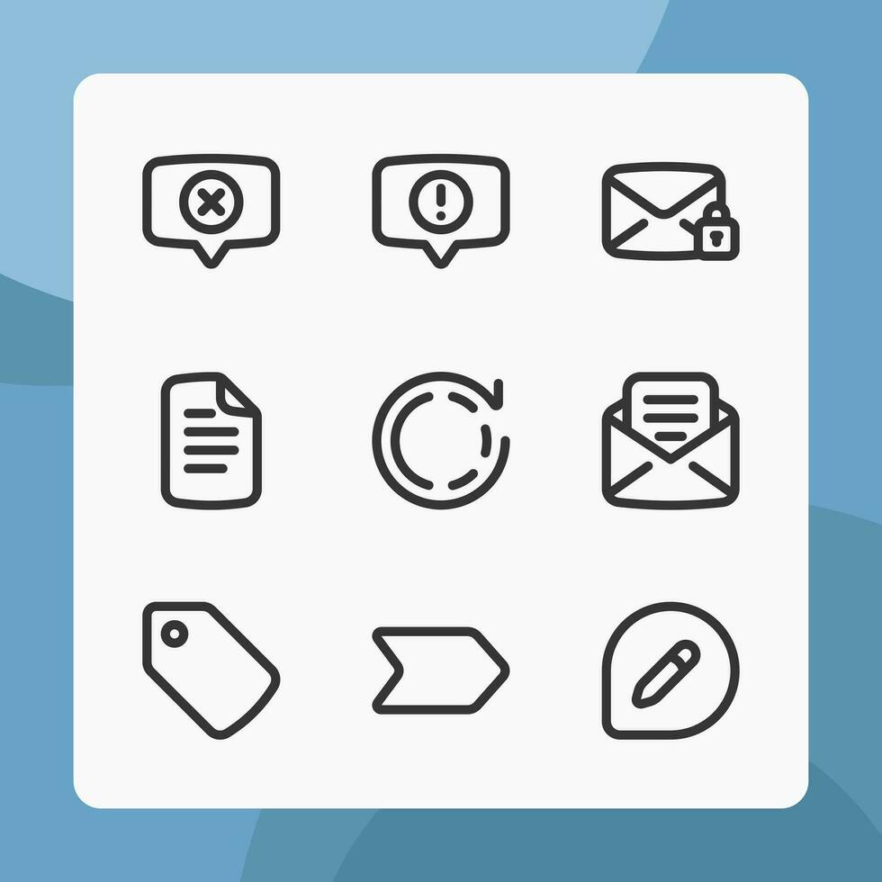 kommunikation gränssnitt ikoner i linje stil, för ui ux design, hemsida ikoner, gränssnitt och företag. Inklusive meddelande po upp, låsa post, pris märka, brev, skriva meddelande, etc. vektor