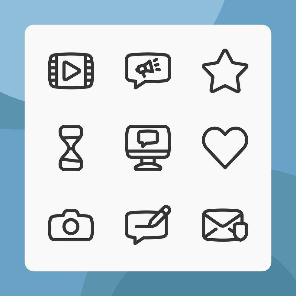 grundläggande ui ikoner i linje stil, för ui ux design, hemsida ikoner, gränssnitt och företag. Inklusive video fil, marknadsföring, stjärna, kärlek, hjärta, kamera, tid, säkerhet meddelande, etc. vektor