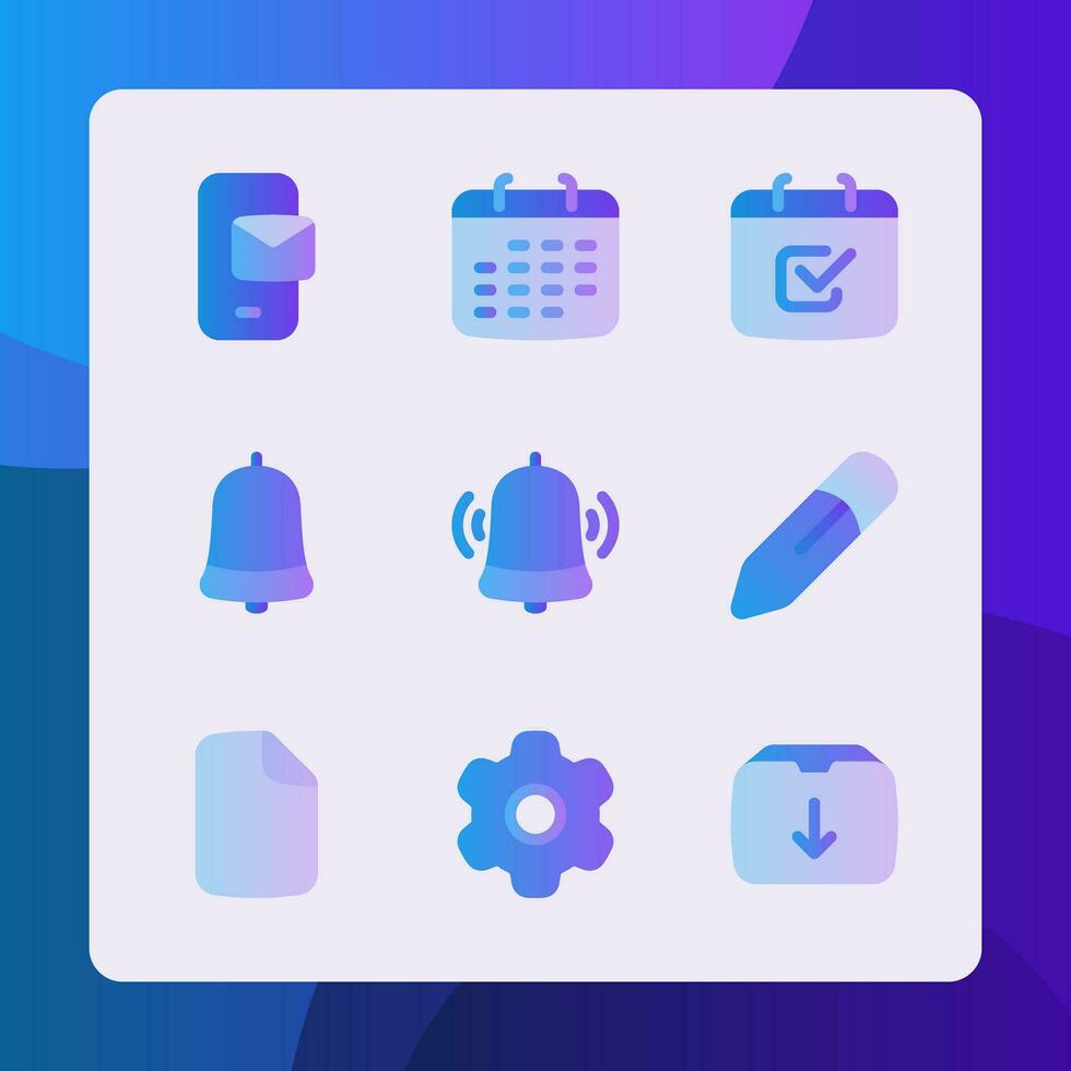 wesentlich Symbole im Gradient Stil, zum ui ux Design, Webseite Symbole, Schnittstelle und Geschäft. einschließlich Kalender, zu tun Liste, Benachrichtigung Glocke, Einstellung, Datei, Bleistift, usw. vektor