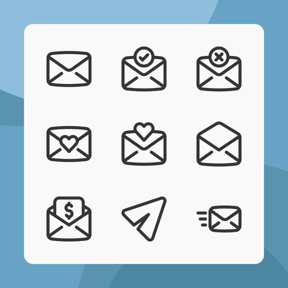 e-post ikoner vektor linje stil, för ui ux design, hemsida ikoner, gränssnitt och företag. Inklusive kärlek post, meddelande, skicka meddelande, fel meddelande, brev, etc.