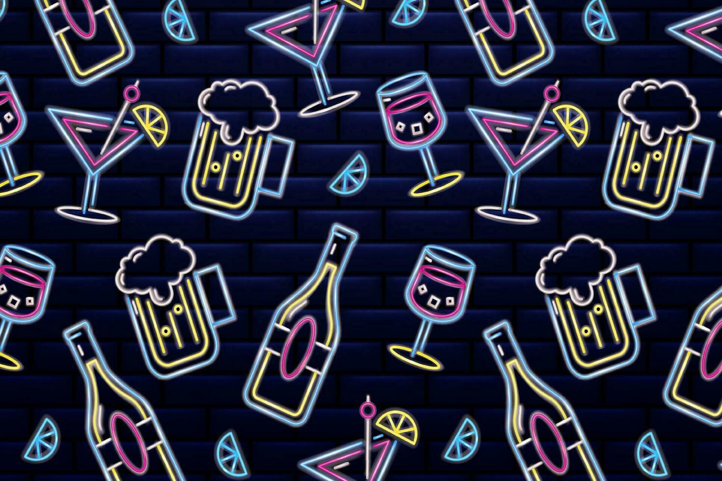 Neon- Bar Muster. Bier, Tequila, Flaschen und Wein, auf ein Backstein Mauer Hintergrund. Vektor Illustration geeignet zum Riegel, Kneipen, Restaurants, Unternehmen und glücklich Stunde Veranstaltungen