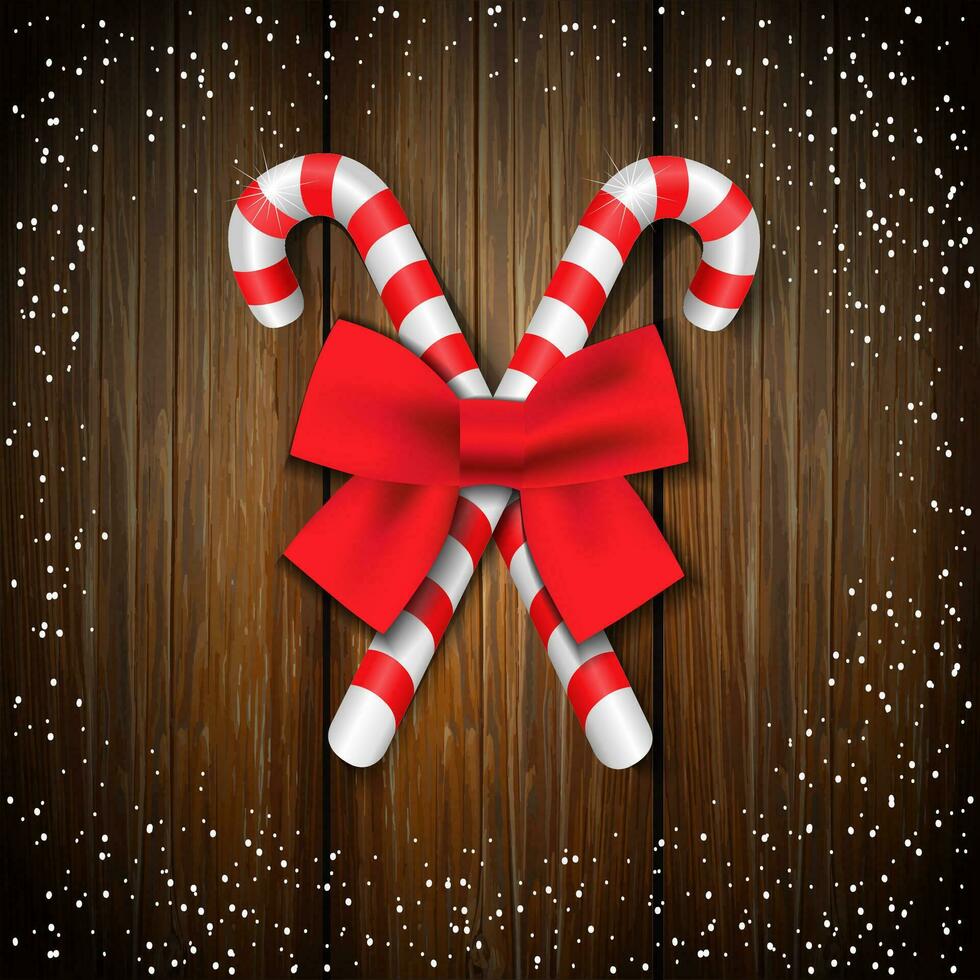 Weihnachten Süßigkeiten Stöcke mit rot Bogen auf hölzern Bretter. vektor