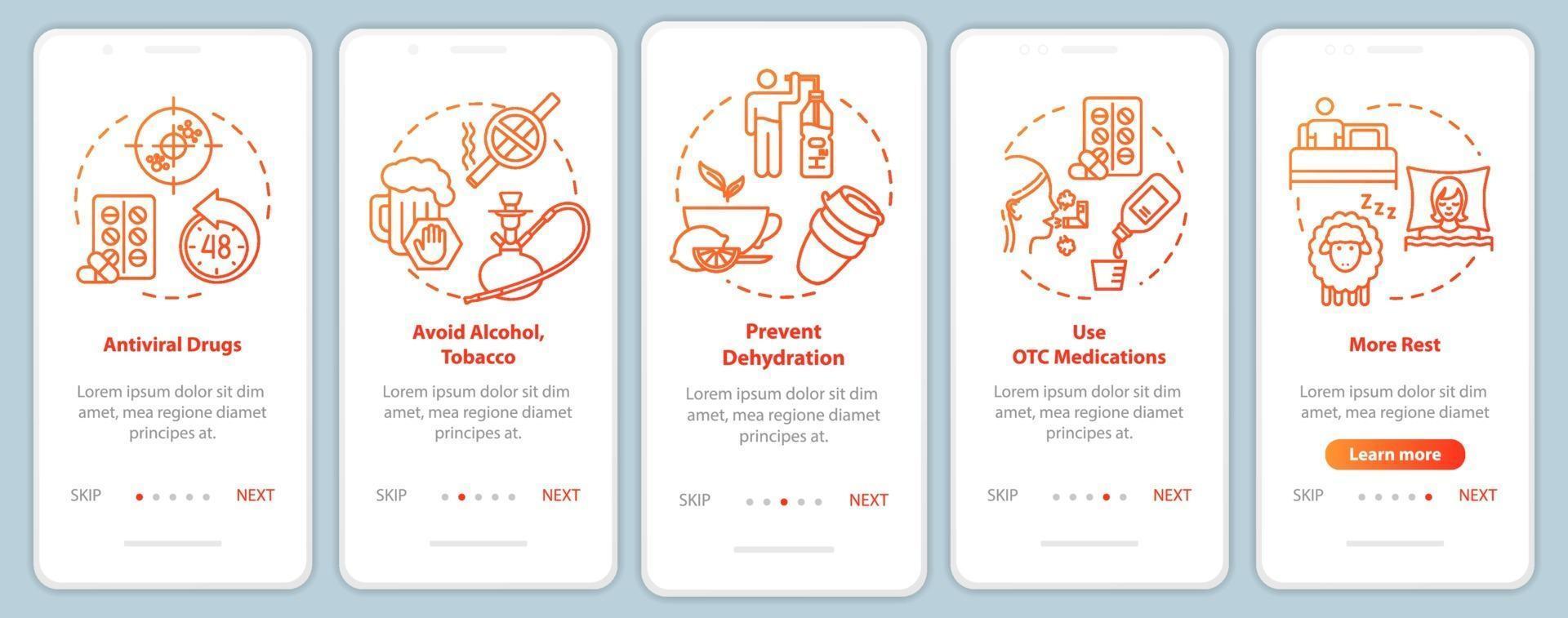 Grippe-Onboarding-Seitenbildschirm der mobilen App mit Konzepten heilen vektor