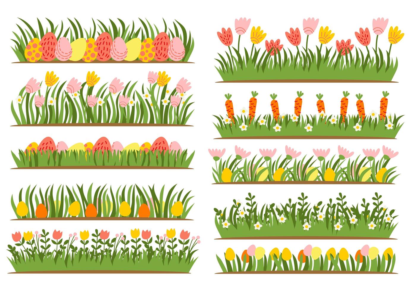 Ostereier auf Gras mit Blumenset vektor