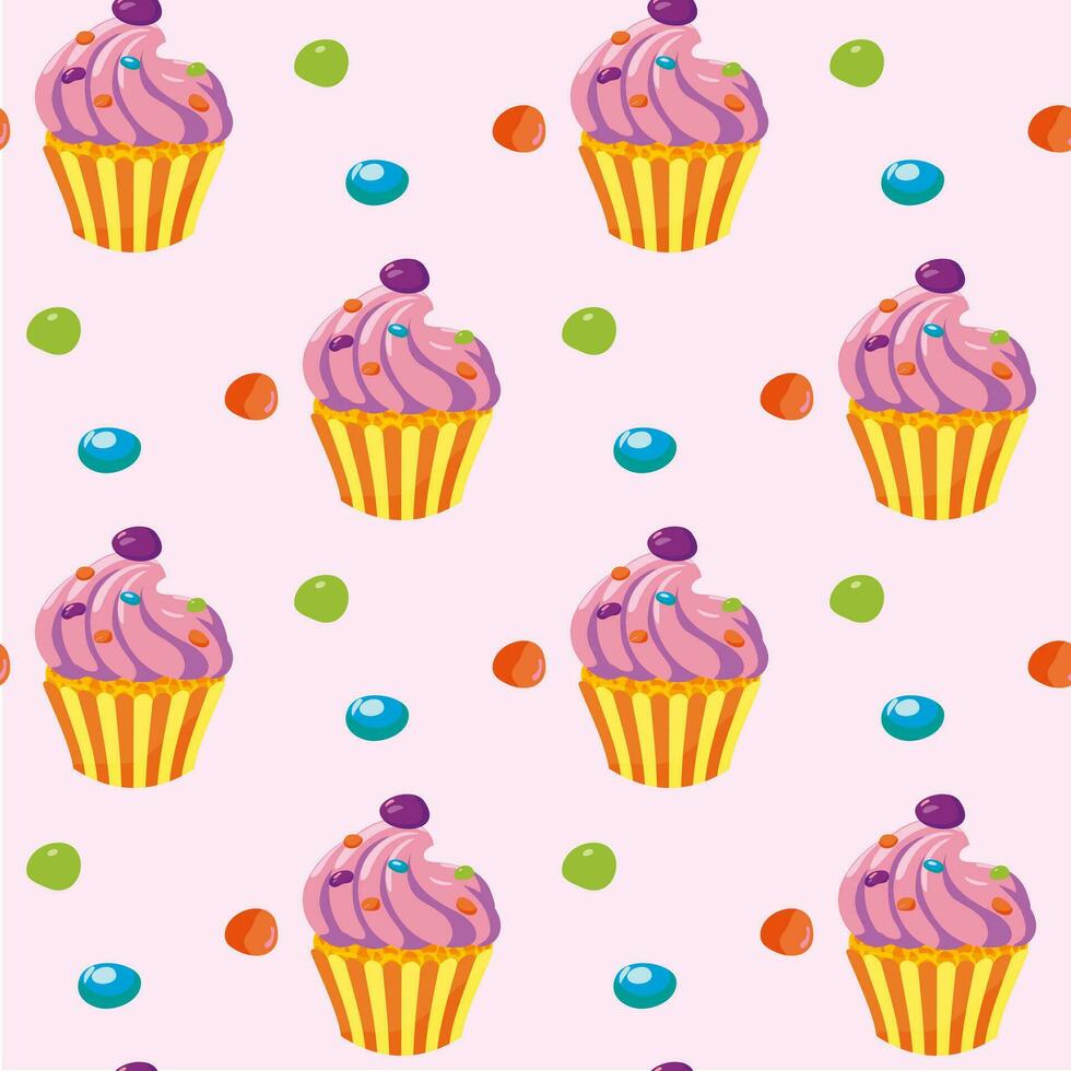 Hintergrund mit Rosa Cupcakes und bunt Süßigkeiten. süß Karikatur gebacken Waren. nahtlos Muster mit Süßigkeiten und Süßwaren. Vektor Illustration.