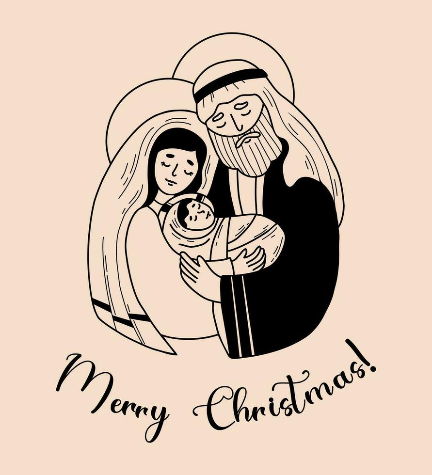 helig familj. glad jul. jungfrulig mary och Joseph och bebis Jesus. födelse av räddare Kristus. vektor illustration i hand dragen klotter stil för Semester design, dekor, vykort.