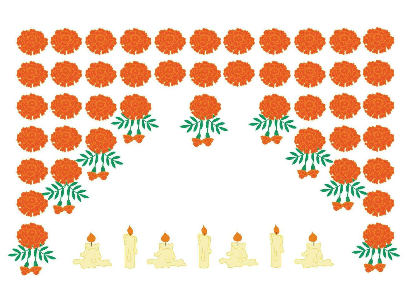 Blume Girlande von Ringelblume Blumen und Verbrennung Kerzen. Vektor Illustration isoliert auf Weiß Hintergrund.