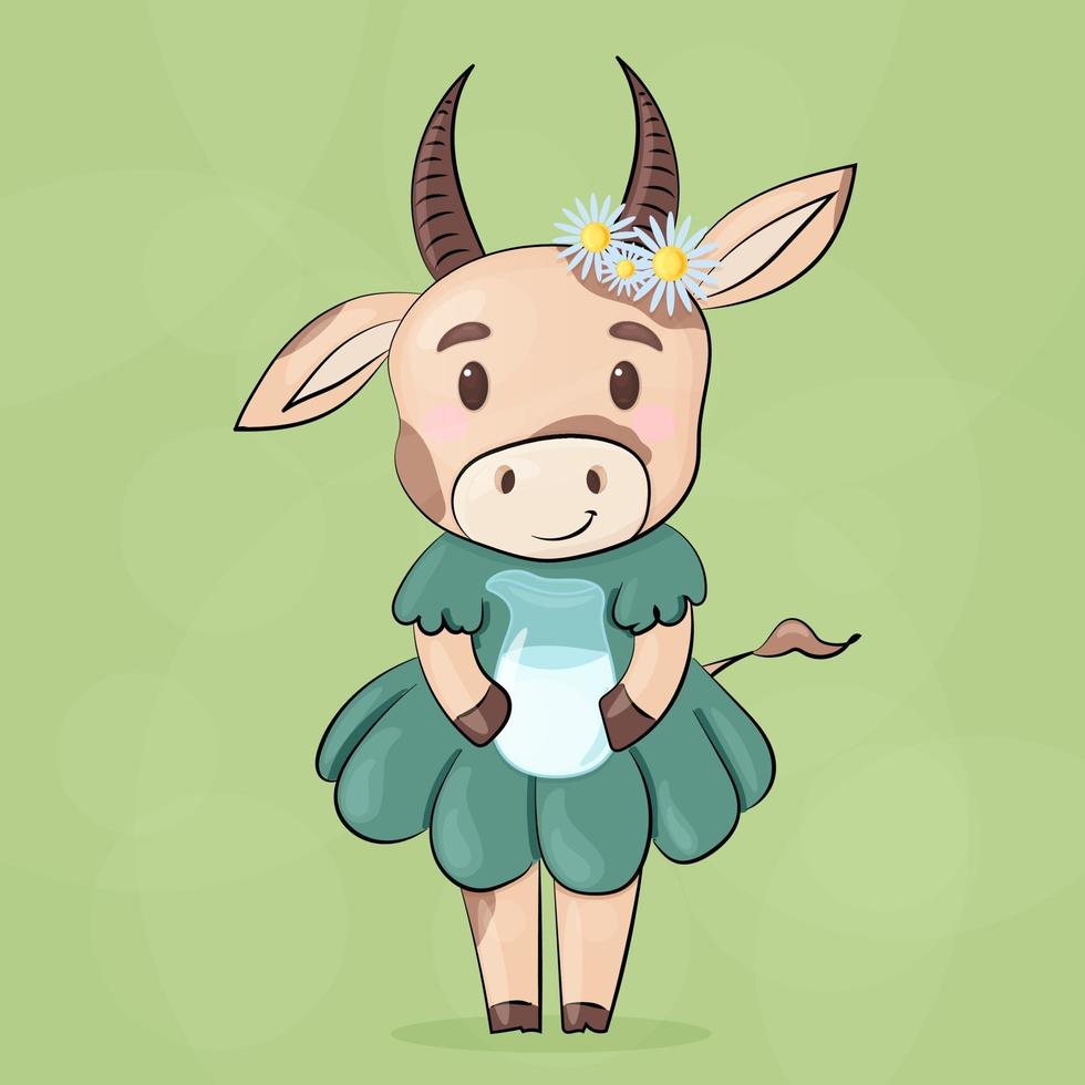 eine süße Kuh in einem grünen Kleid mit einem Glaskrug Milch. vektor