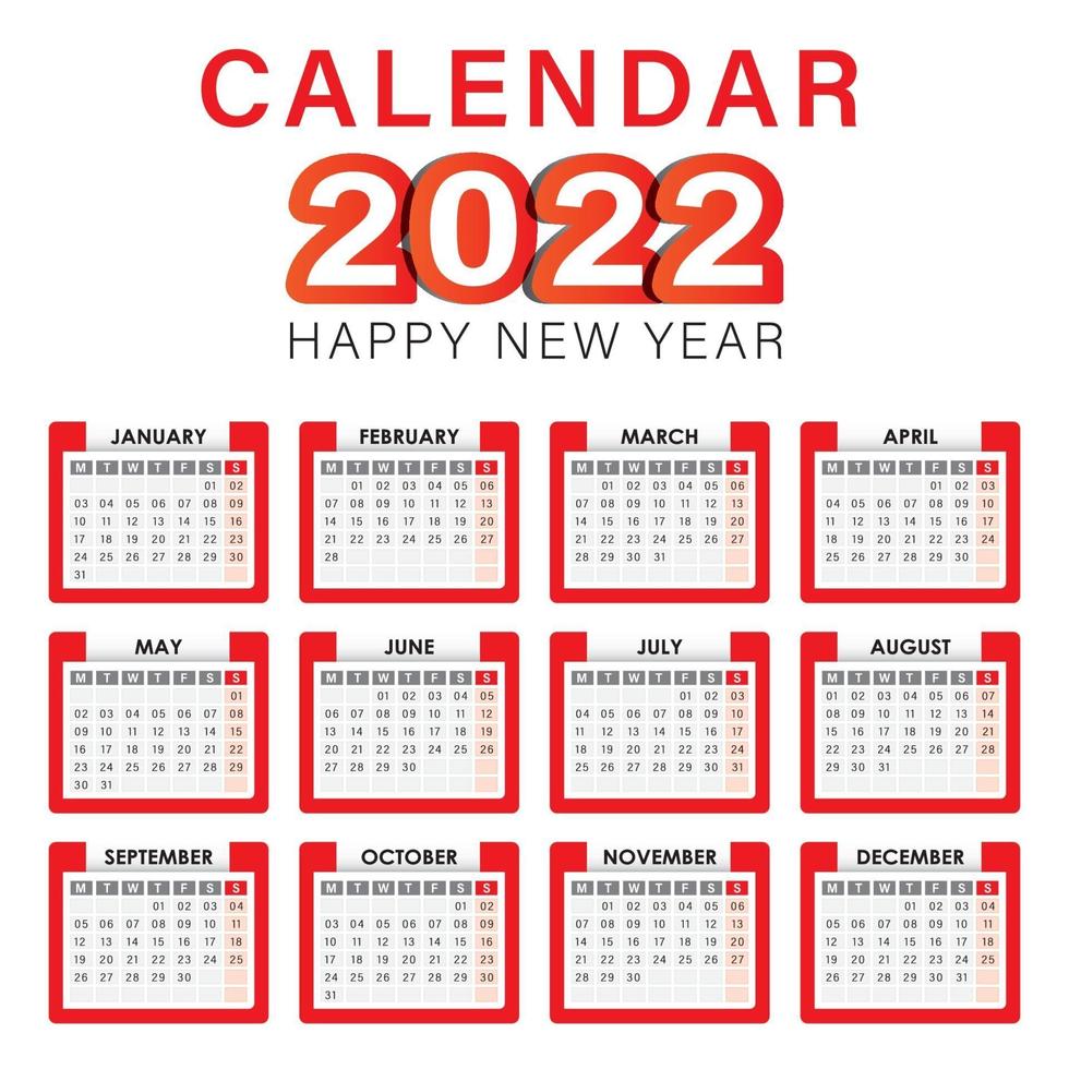 2022 kalendervektor engelska fullständig redigerbar vektor