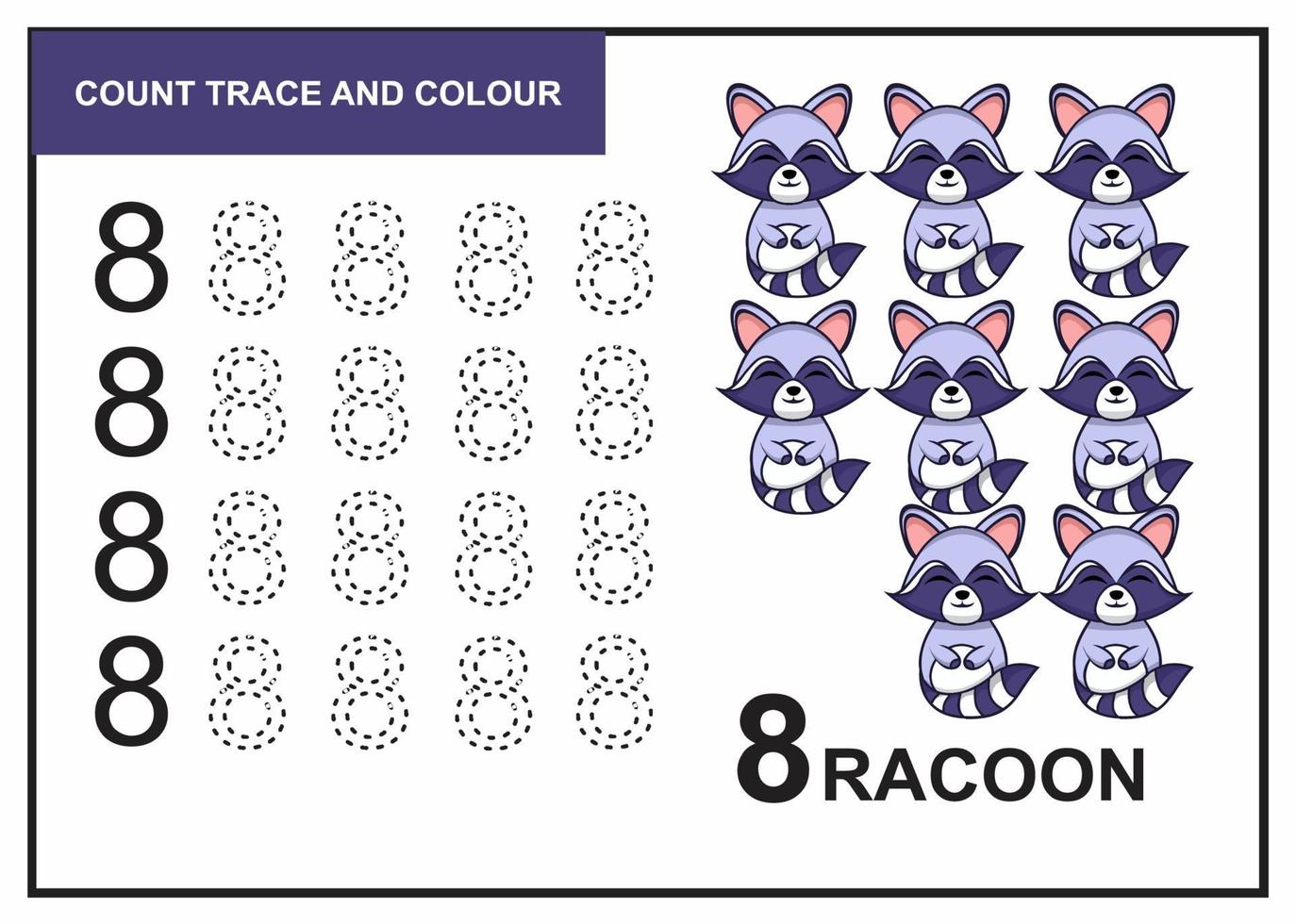 räkna spår och färg racoon nummer 8 vektor