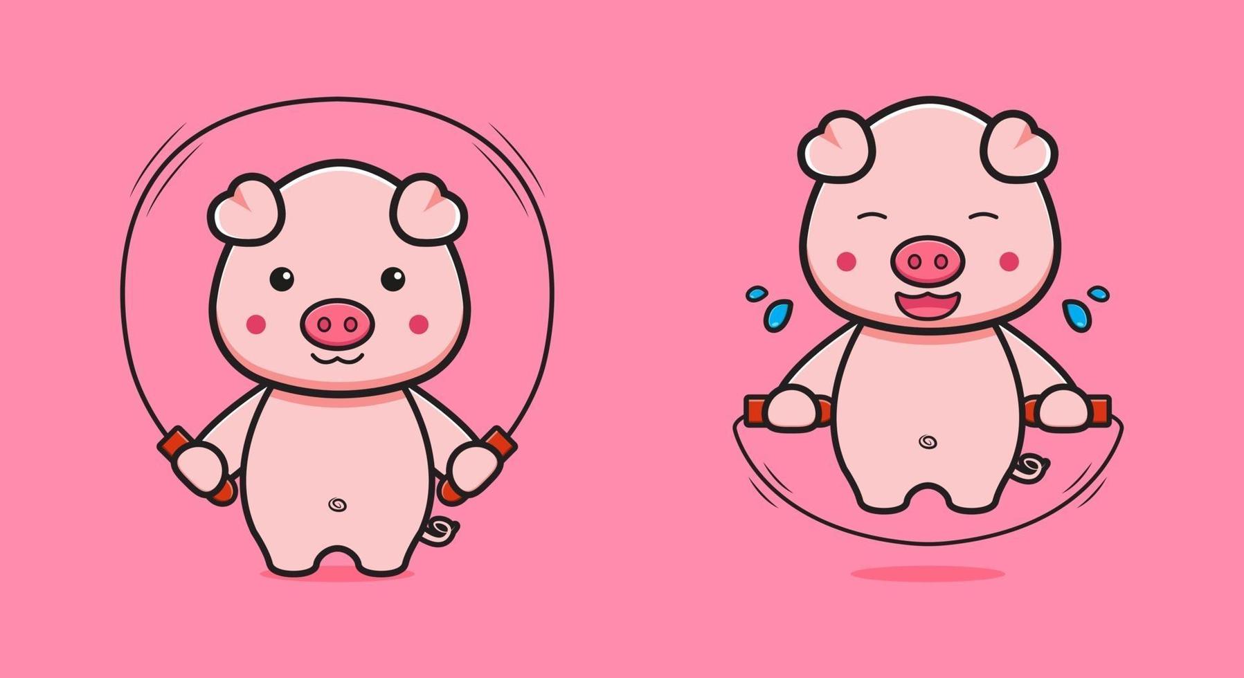 süßes Schwein springt Seilkarikatur-Symbolillustration vektor