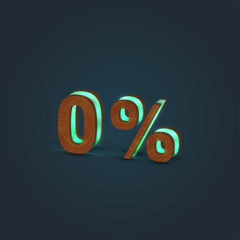 &#39;0%&#39; - Realistisk illustration av ett ord av trä och glödande glas, vektor