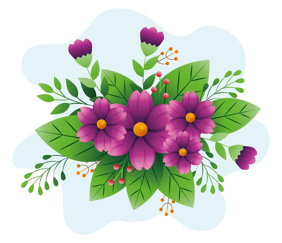Dekoration von Blumen lila Farbe mit Zweigen und Blättern vektor