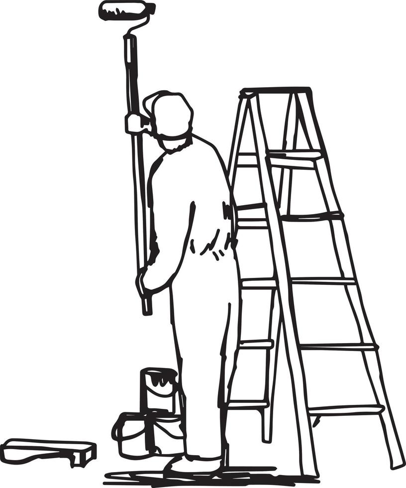 arbetare som målar väggen med en rulle med stege vektor