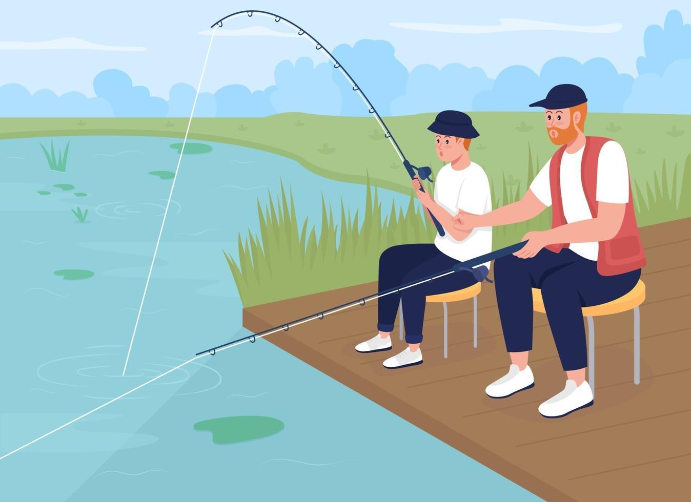 fiske med tonåring son platt färg vektor illustration