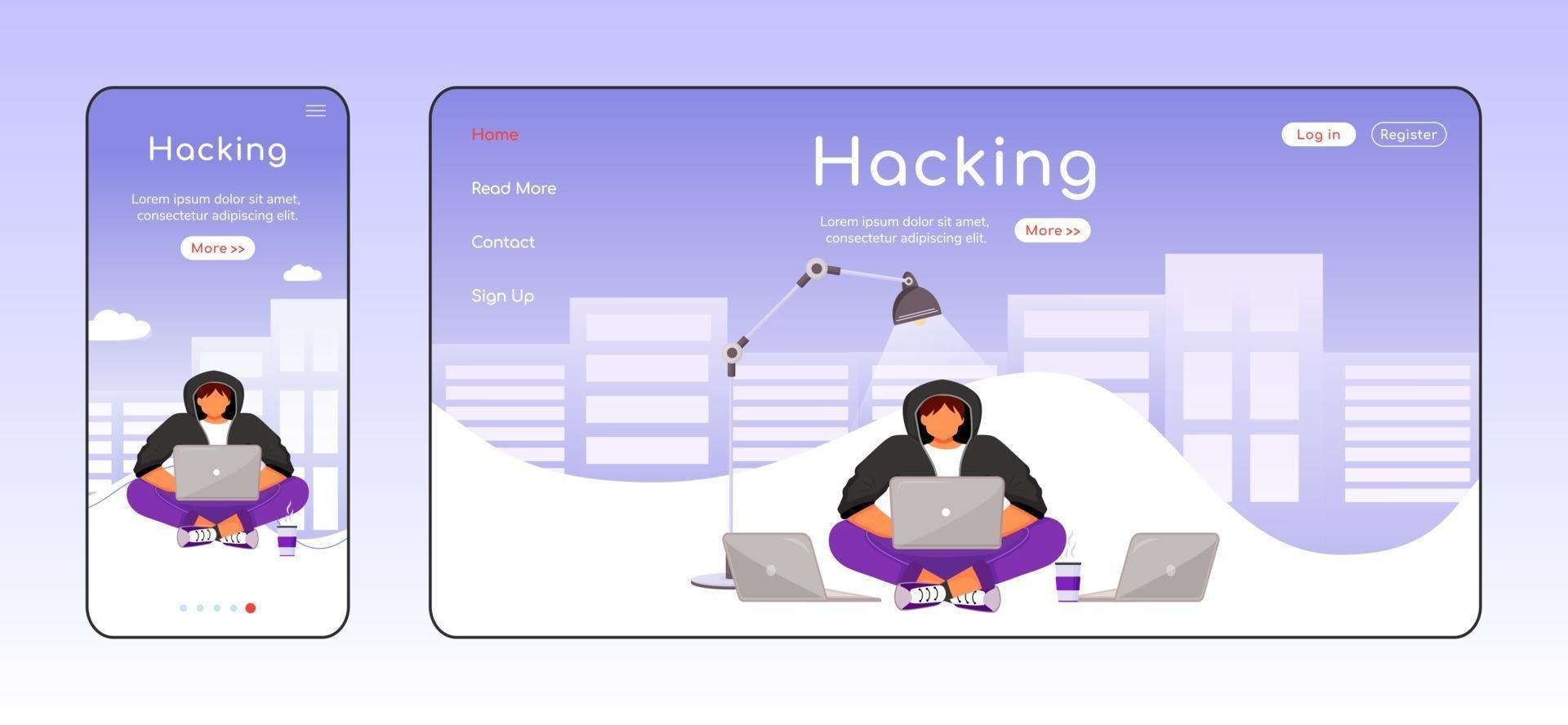 Hacking adaptive Landing Page flache Farbvektorvorlage vektor