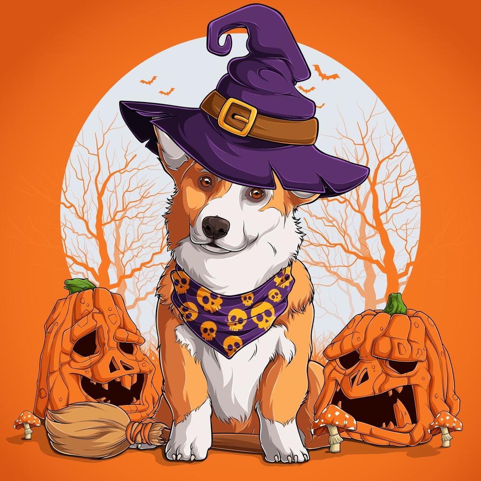 walisischer Corgi-Hund in Halloween-Verkleidung sitzt auf einem Hexenbesen vektor