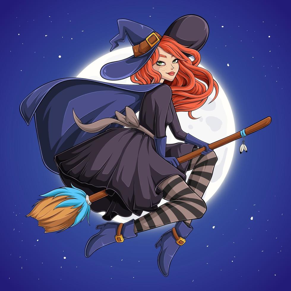 halloween vacker häxa, rödhårig kvinna med hatt på flygande kvast vektor