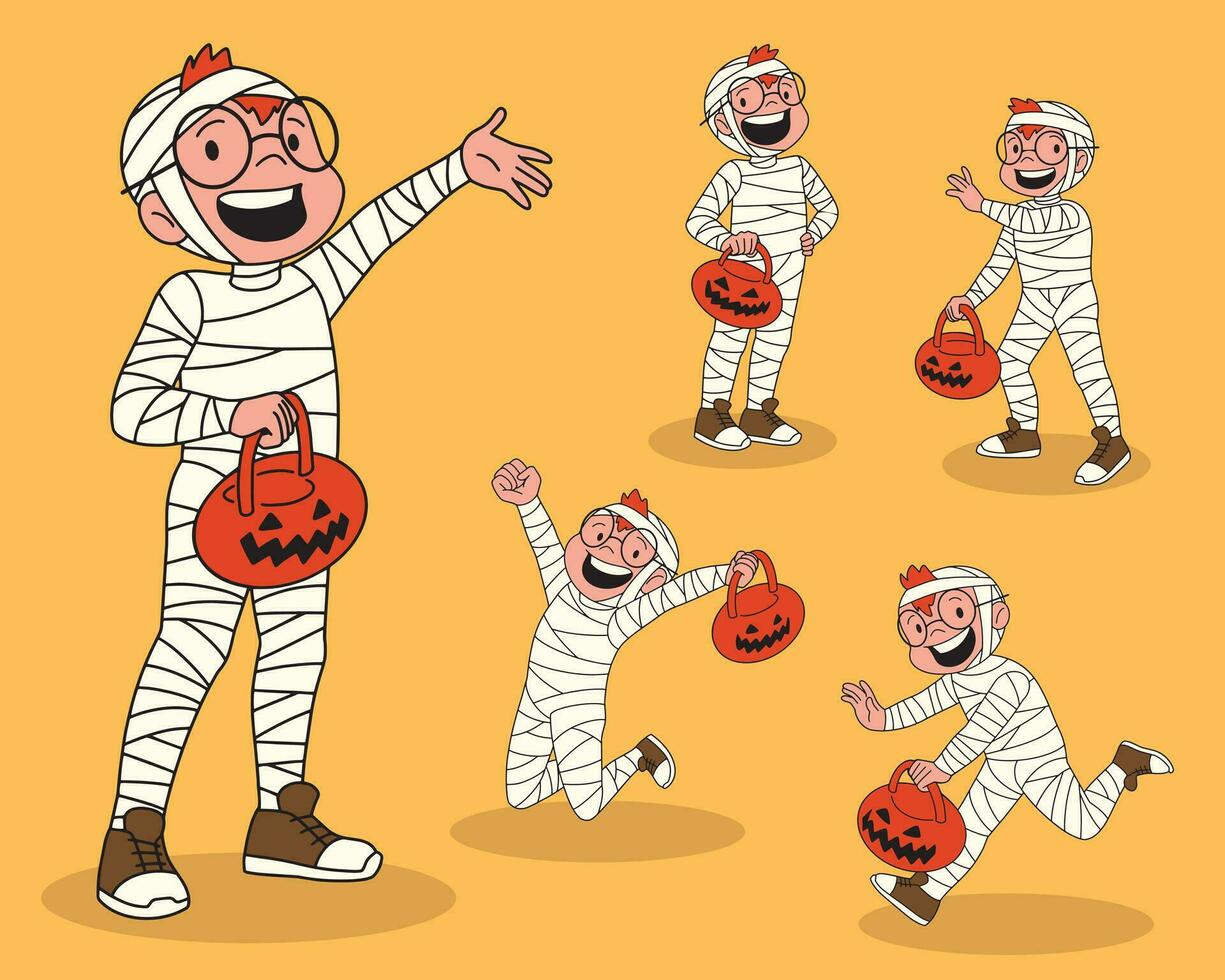 süß Junge tragen Halloween Kostüm Karikatur Gliederung vektor