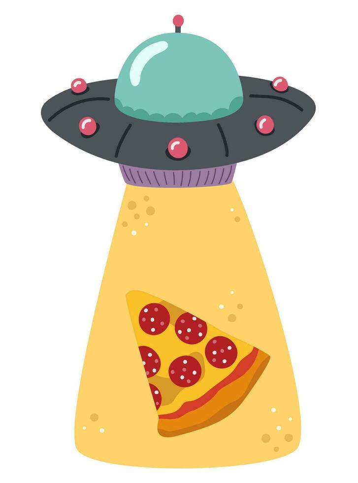 UFO stjäl pizza, utomjordingar. vektor illustration isolerat på vit bakgrund