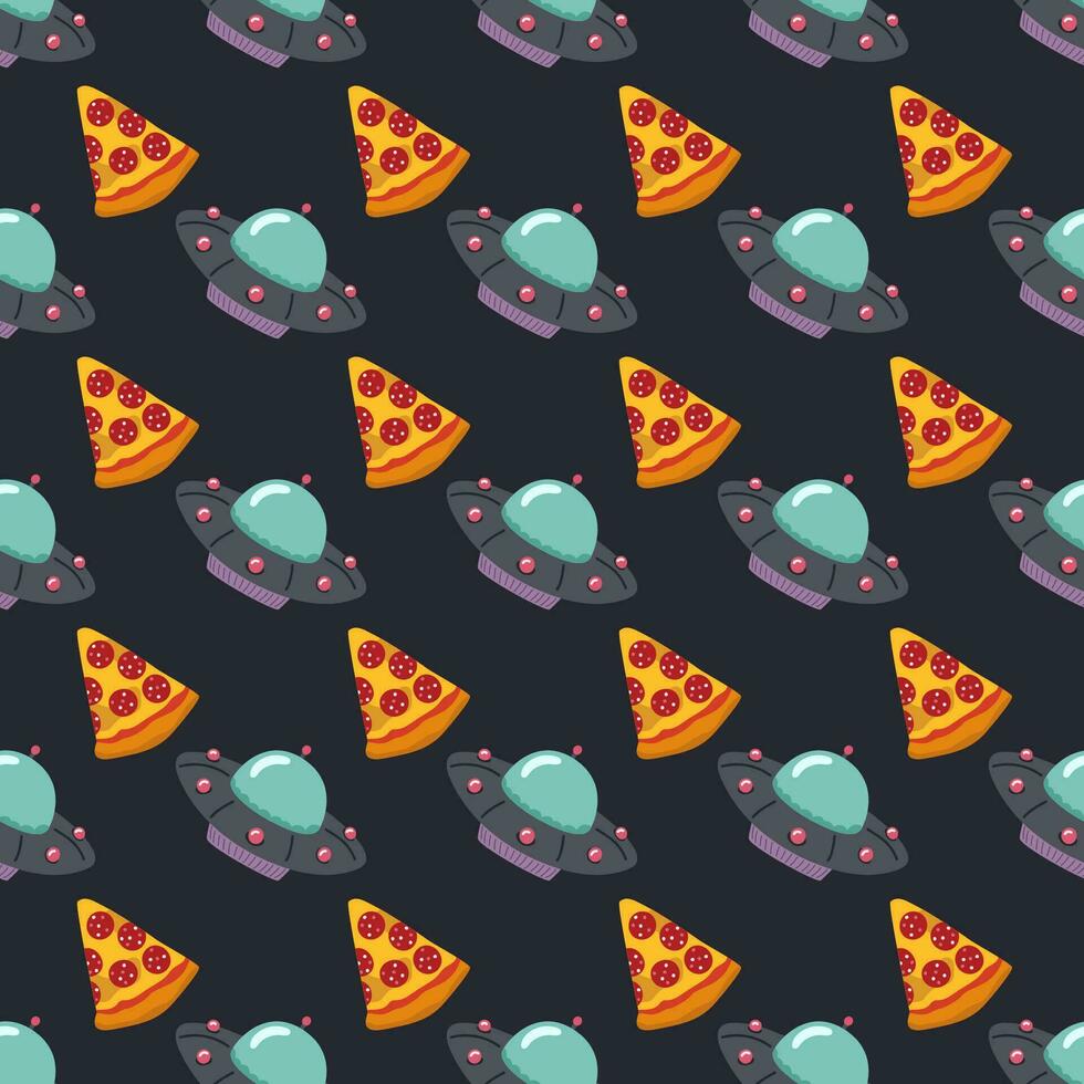 UFO och pizza. sömlös mönster på en mörk bakgrund. vektor illustration