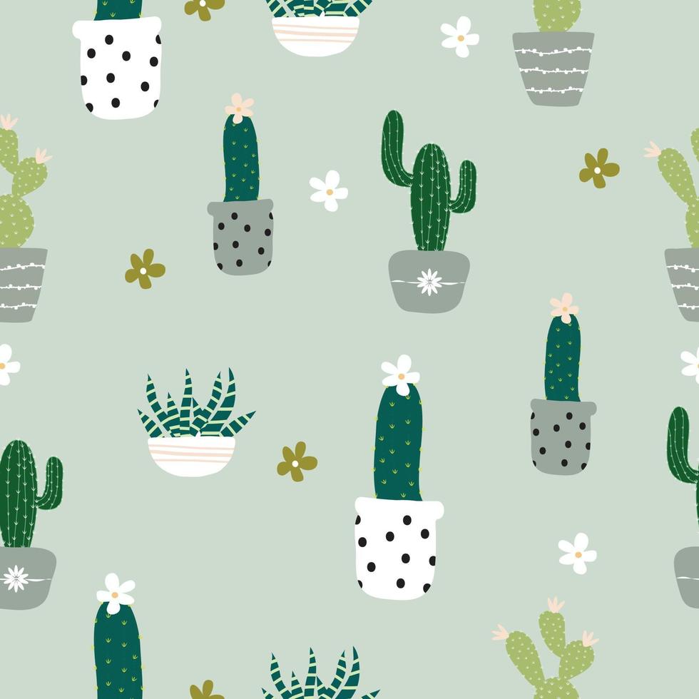 nahtlose handgezeichnete Topfpflanzen, Kaktusmuster auf grünem Hintergrund vektor