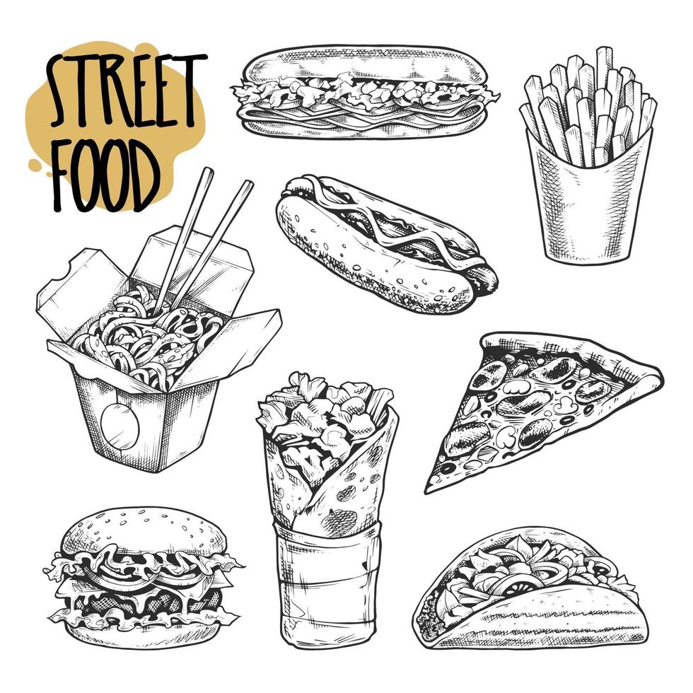 Street Food Retro-Illustrationen Vektor-Set vektor