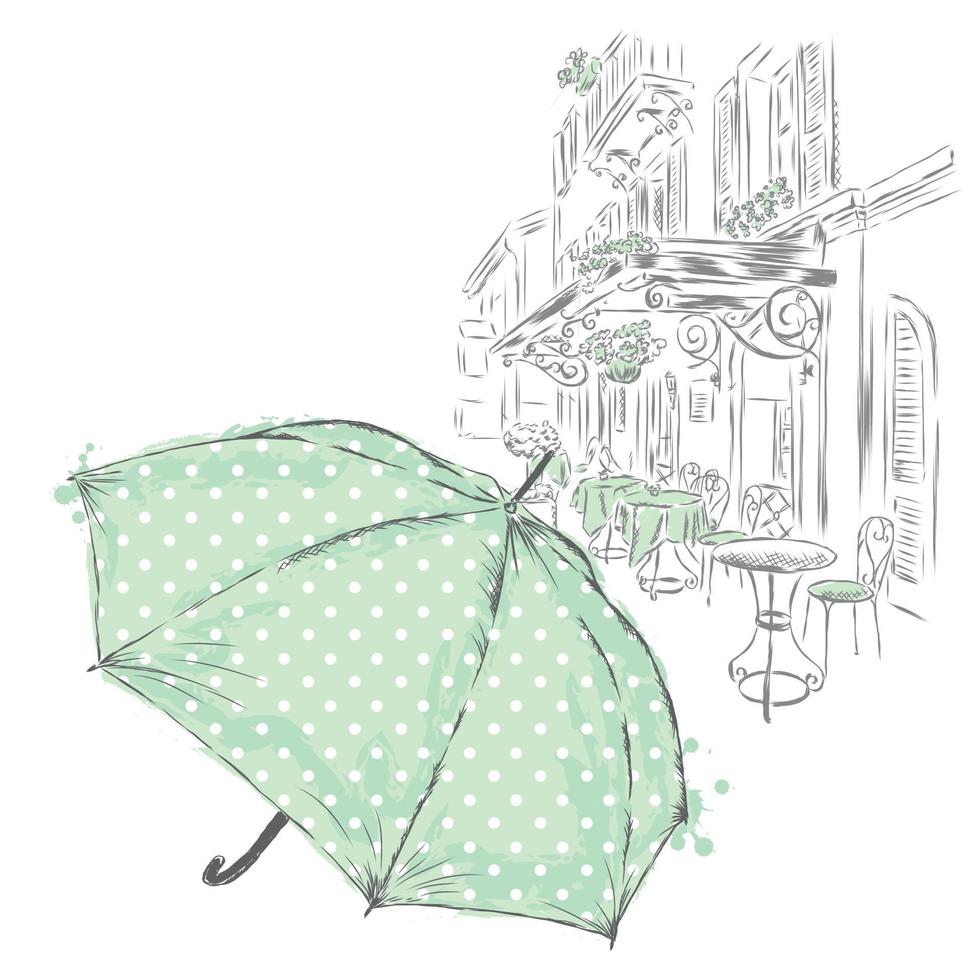 Regenschirm mit Tupfen auf einer Stadtstraße. Jahrgang. vektor