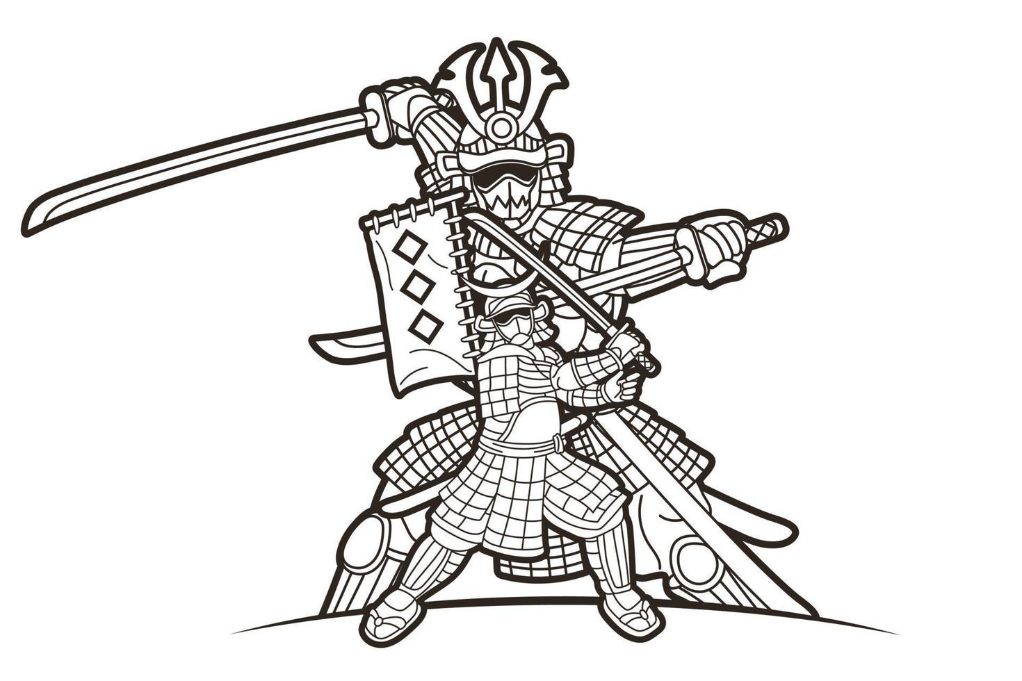 skizze samurai krieger japanischer kämpfer ronin mit waffenaktion vektor