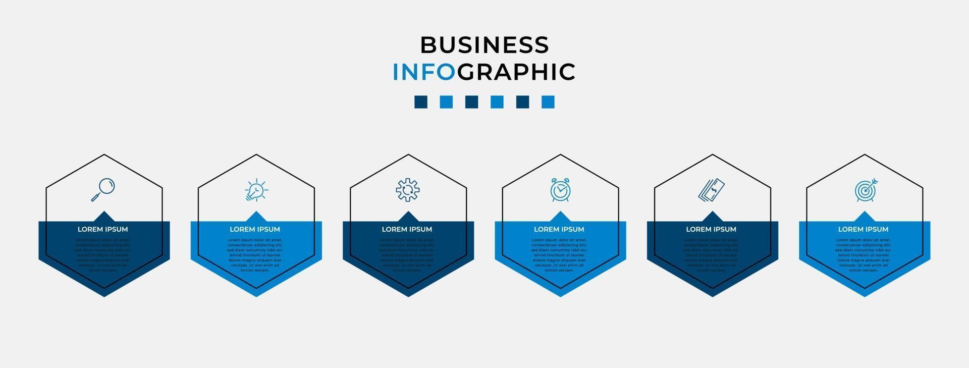 infographic design affärsmall med ikoner och 6 alternativ eller steg vektor