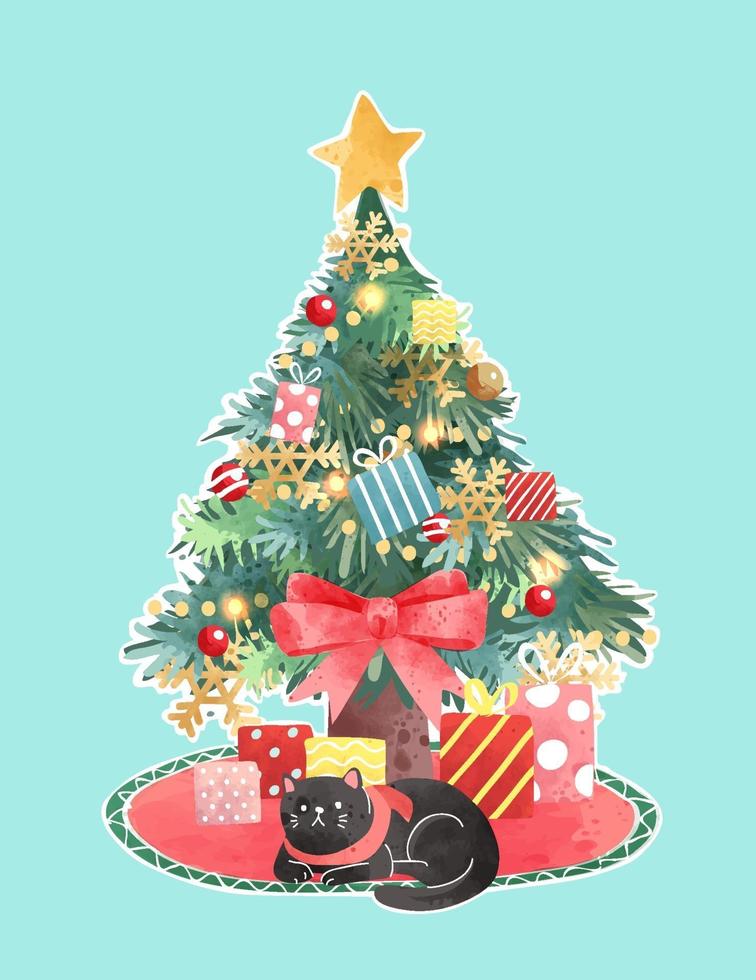 süßer verzierter weihnachtsbaum mit schwarzer katzenillustration vektor