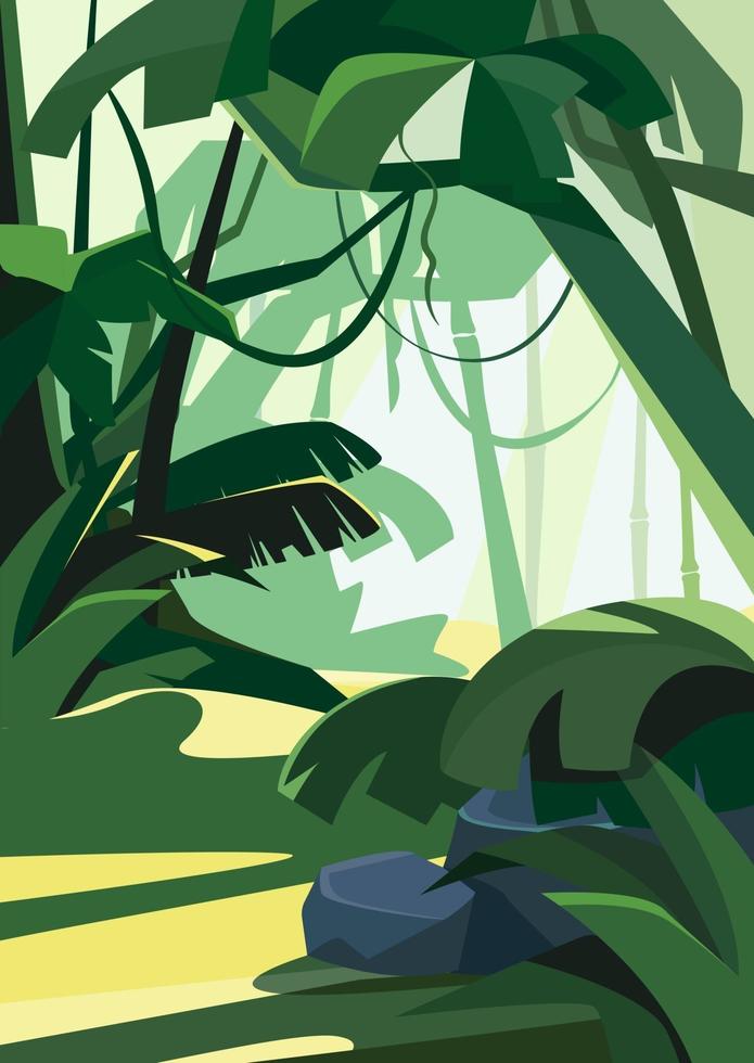tropisk skog i gryningen. naturlandskap i vertikal orientering. vektor