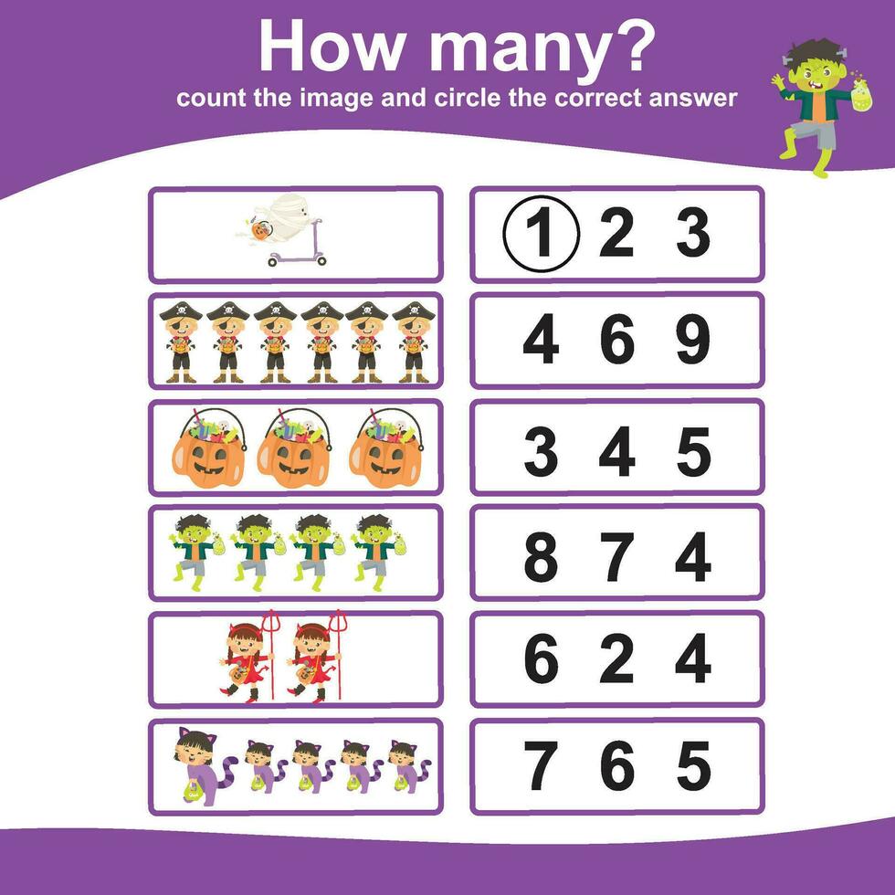 mathematisch Aktivität Buchseite. Anzahl das Bild und Kreis das richtig antworten. lehrreich druckbar Mathematik. druckbar Arbeitsblatt zum Vorschule vektor