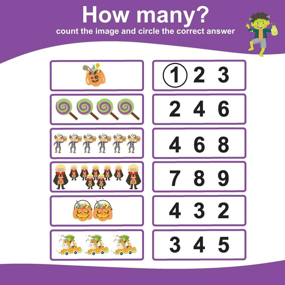 mathematisch Aktivität Buchseite. Anzahl das Bild und Kreis das richtig antworten. lehrreich druckbar Mathematik. druckbar Arbeitsblatt zum Vorschule vektor