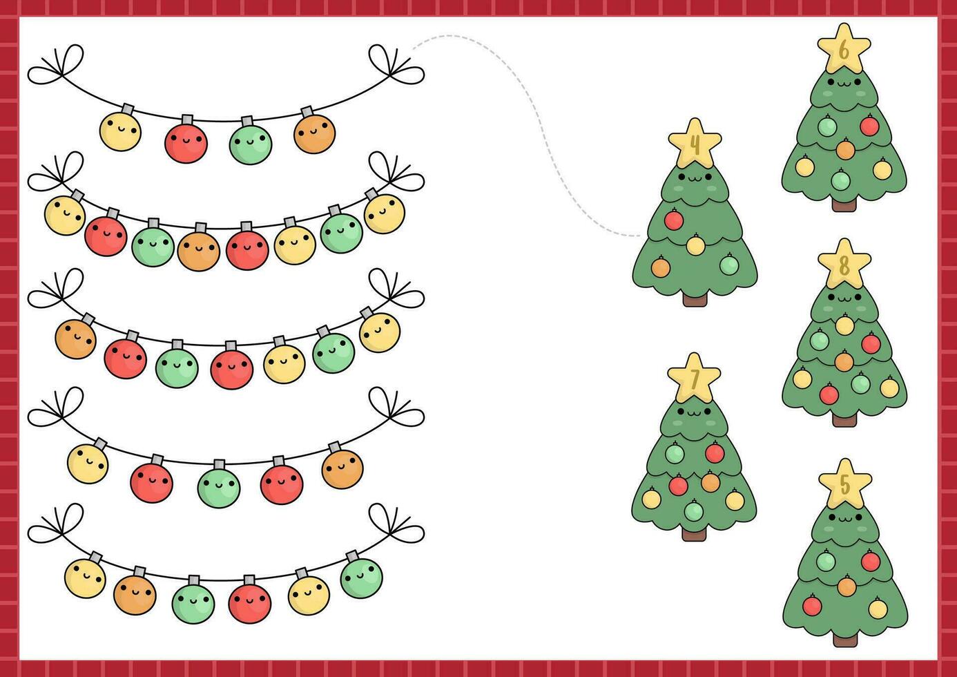 jul matchande spel med söt söt gran träd, färgad bollar. vinter- Semester matematik aktivitet för förskola ungar. pedagogisk tryckbar ny år räkning kalkylblad med tecknad serie tecken vektor