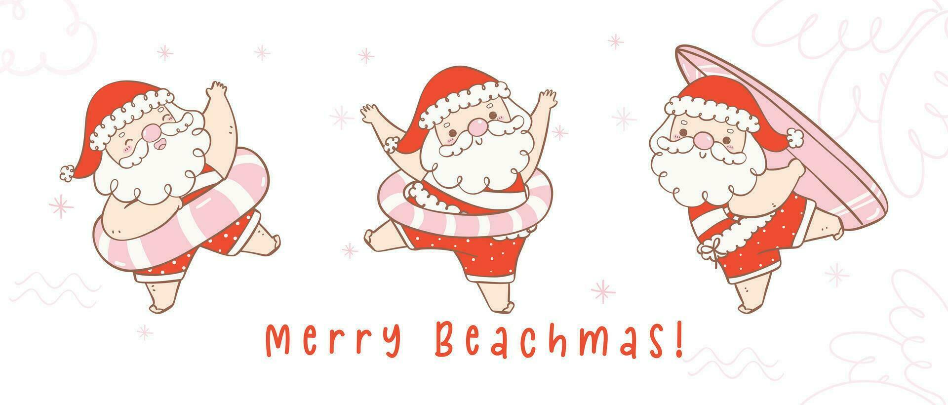 süß Sommer- Weihnachten Santa claus mit Surfbrett und schwimmen Ring Sammlung, kawaii Sommer- Weihnachten Urlaub Karikatur Gekritzel Hand Zeichnung Banner vektor