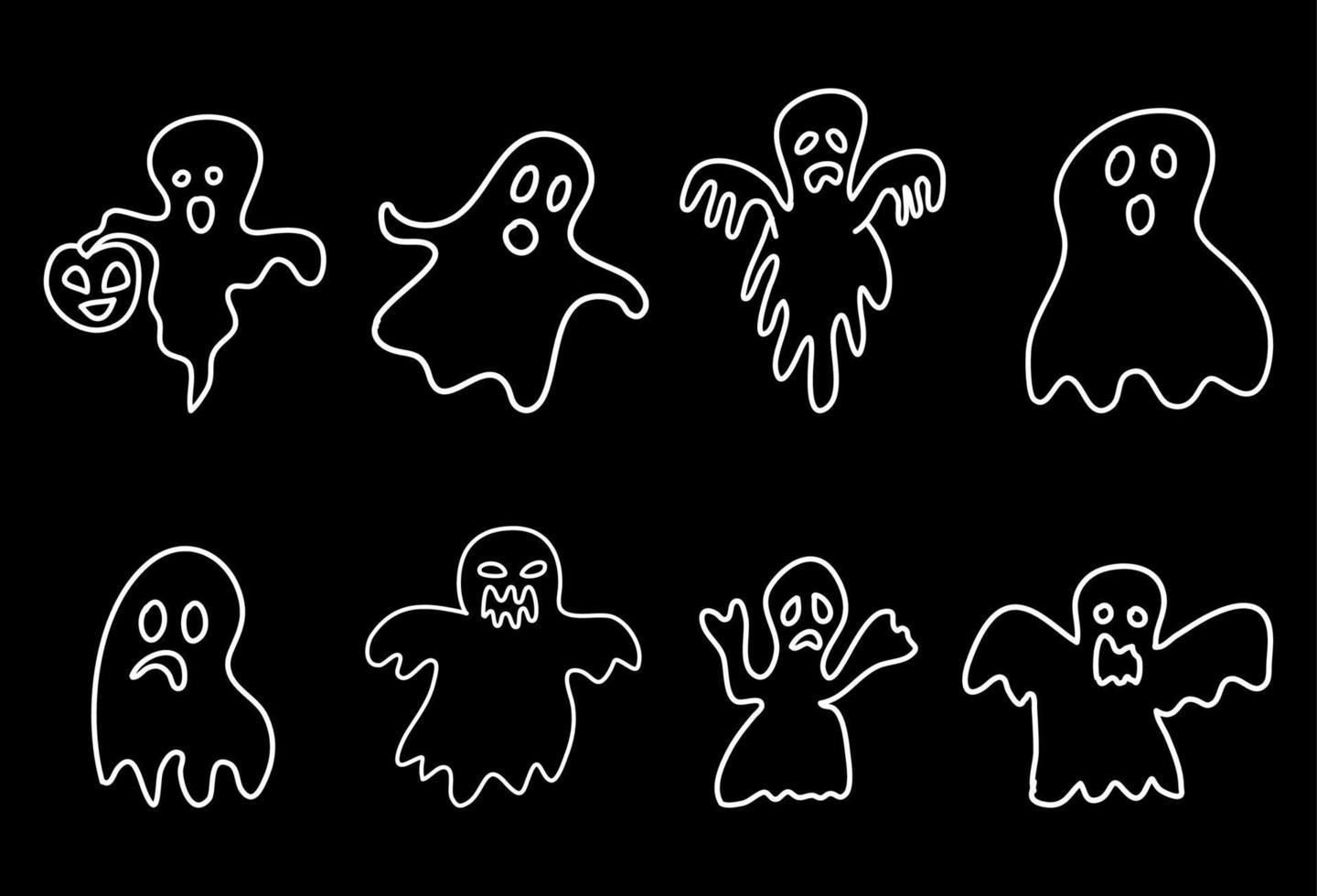 gruselige Geister im Doodle-Stil auf schwarzem Hintergrund. vektor