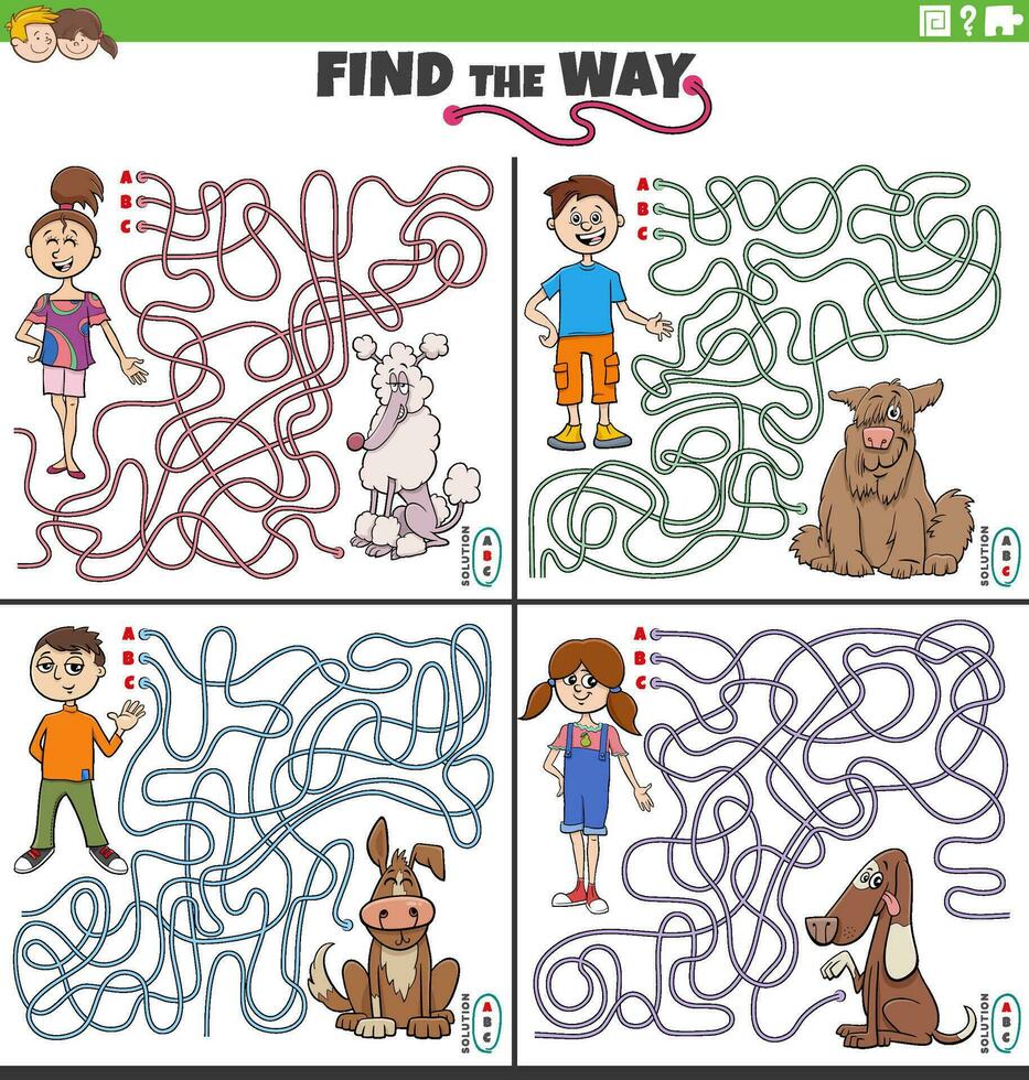 labyrint aktiviteter uppsättning med barn eller tonåren med deras hundar vektor