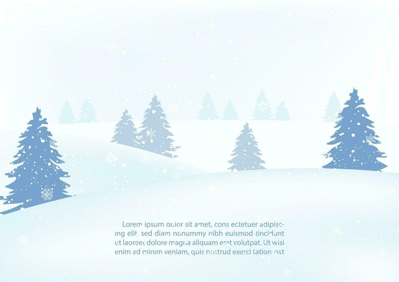landskap vinter- och snö faller med tall träd och exempel texter på dimmig och ljus blå bakgrund. vektor