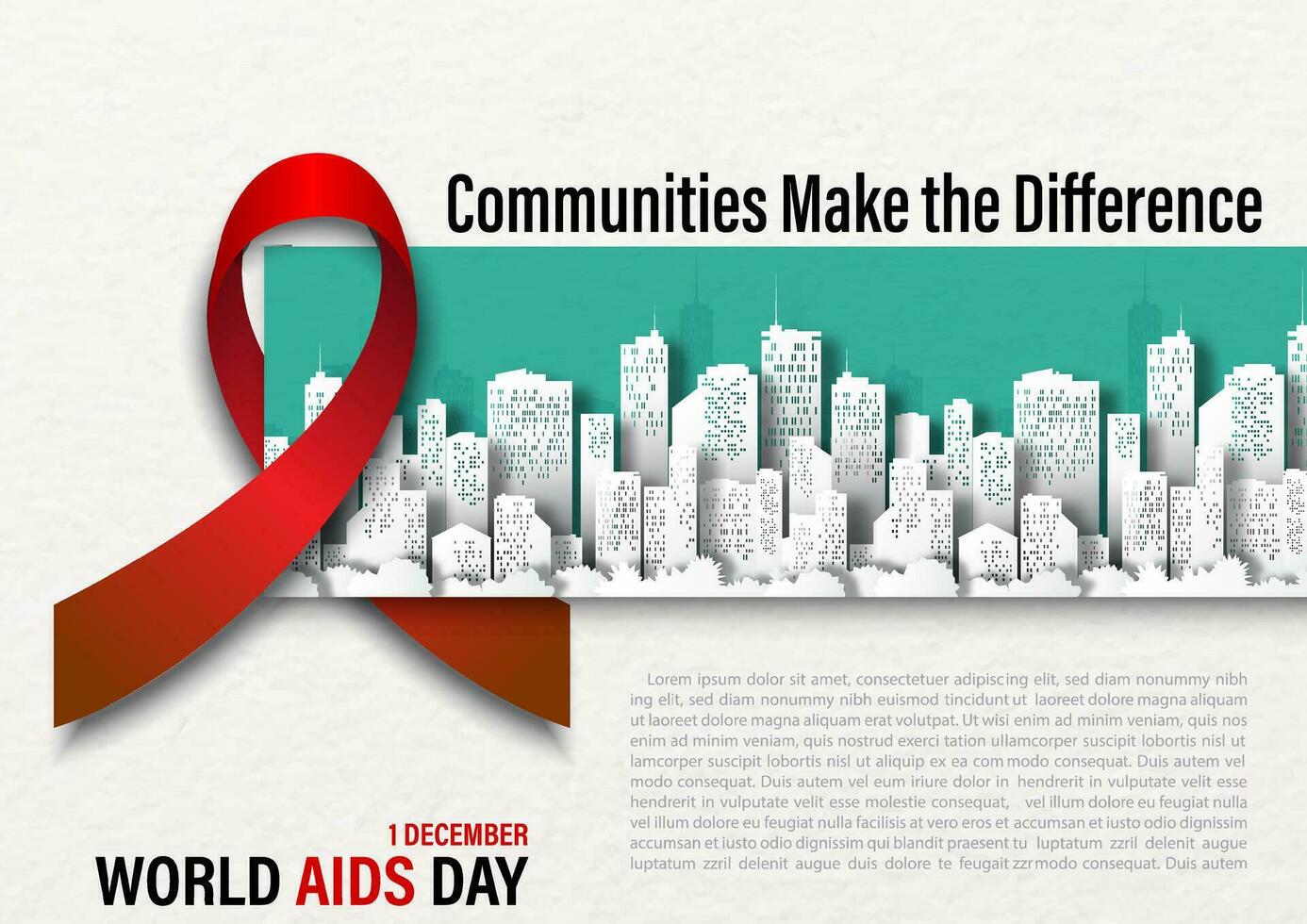 jätte röd band med slogan och de dag, namn av händelse på stadsbild och vit papper mönster bakgrund. värld AIDS dag affisch kampanj i papper skära stil och vektor design.
