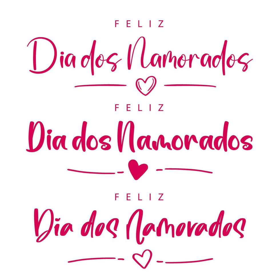 einstellen von drei glücklich Valentinstag Tag Beschriftung im Portugiesisch - - feliz dia DOS namorados - - mit Herz und Linien vektor