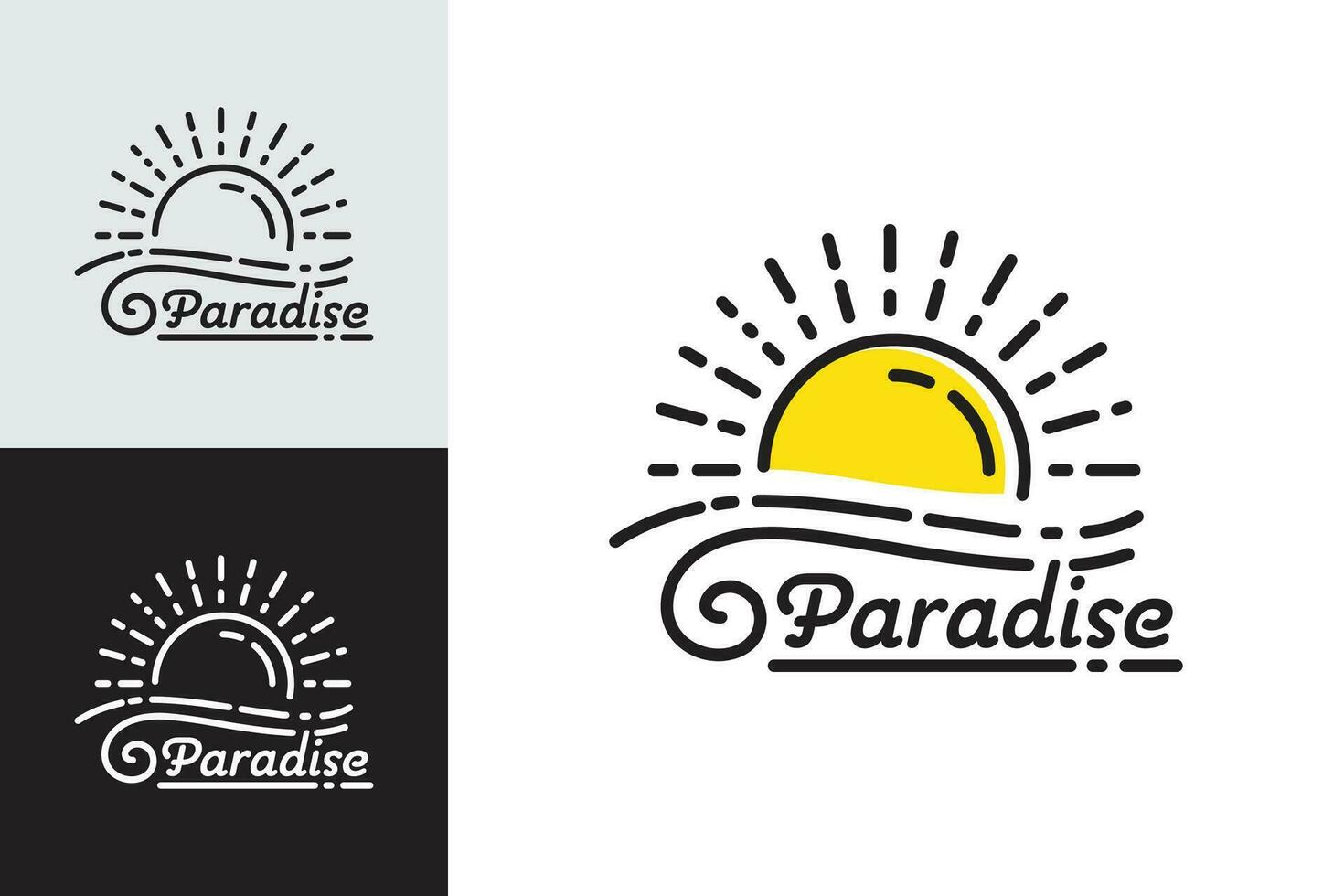 Linie Kunst von Paradies Logo beim Sonnenuntergang mit Gezeiten Ozean Wellen vektor