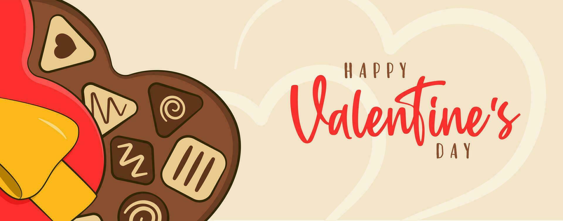 Lycklig hjärtans dag, text. hälsning kort, baner begrepp. choklad godis med hjärtformade låda vektor