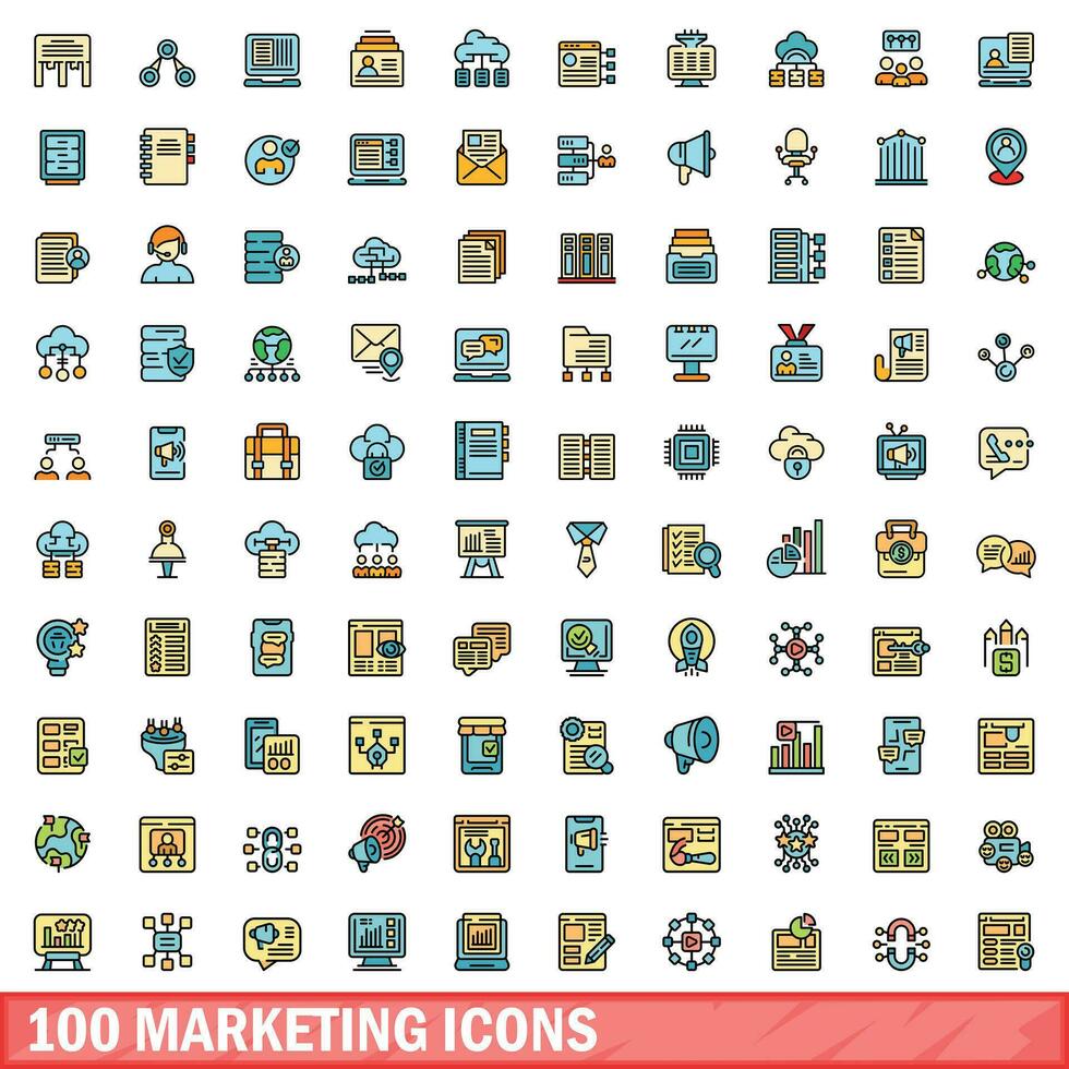 100 Marketing Symbole Satz, Farbe Linie Stil vektor