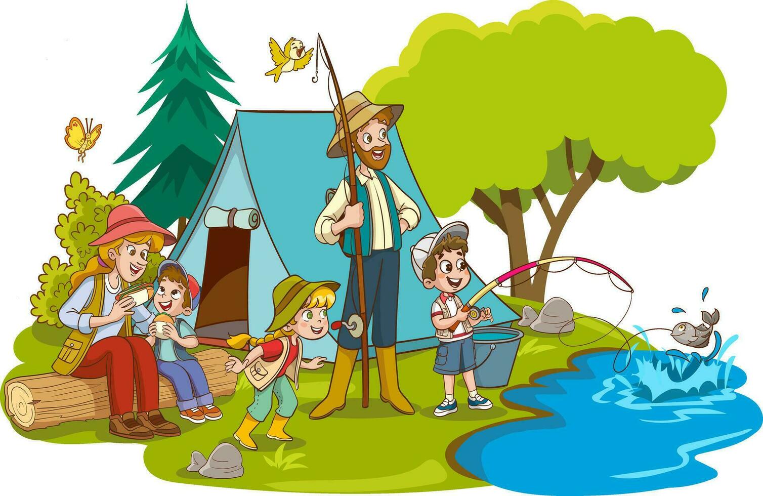 vektor illustration av familj camping och fiske