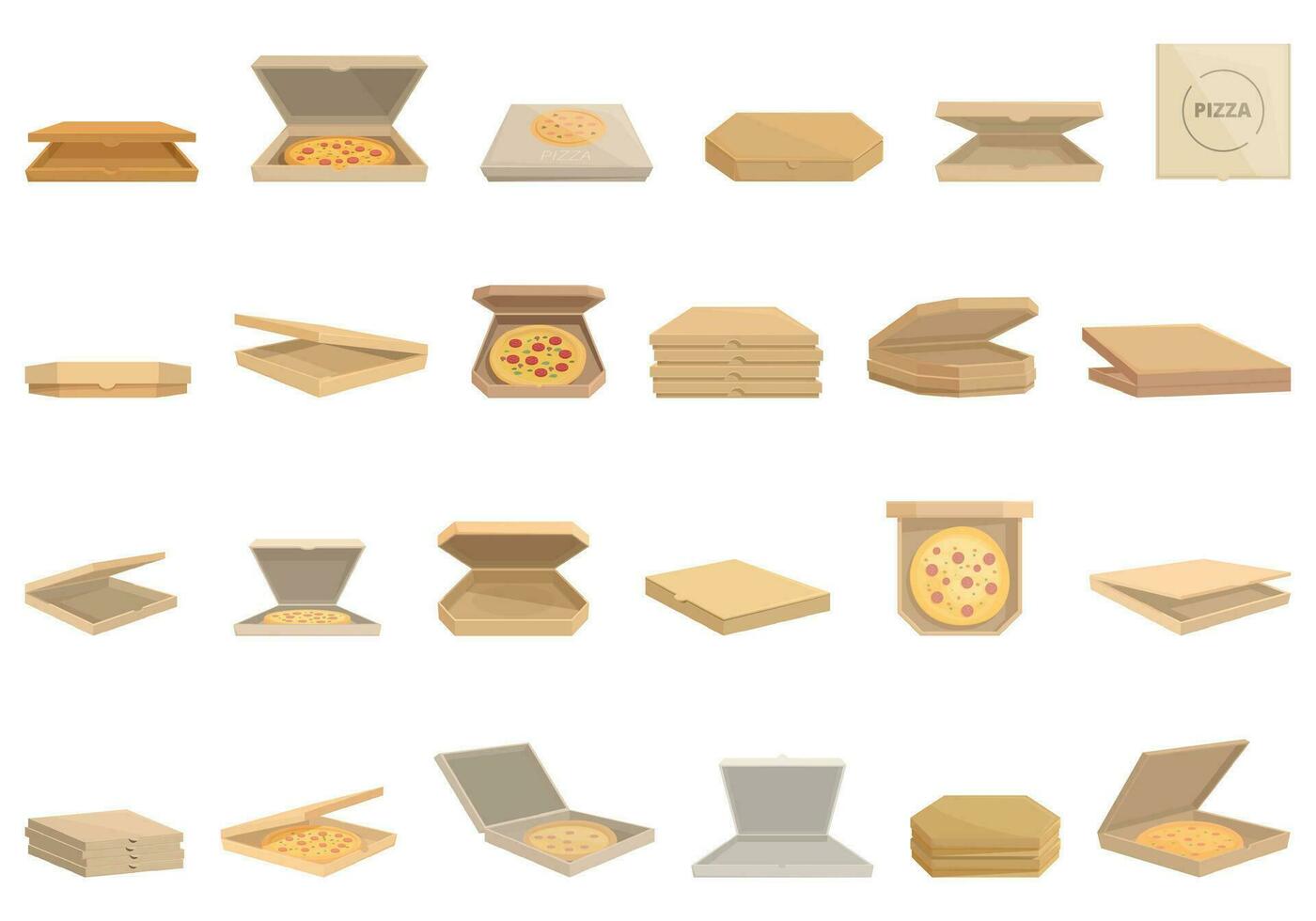 kartong pizza låda ikoner uppsättning tecknad serie vektor. mat paket vektor