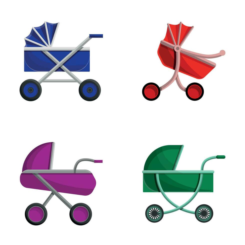 bebis transport ikoner uppsättning tecknad serie vektor. färgrik sittvagn vektor