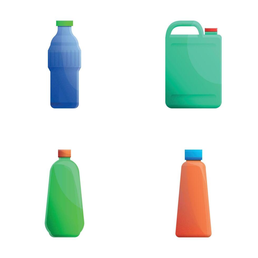 rengöring ombud ikoner uppsättning tecknad serie vektor. olika plast rengöringsmedel flaska vektor
