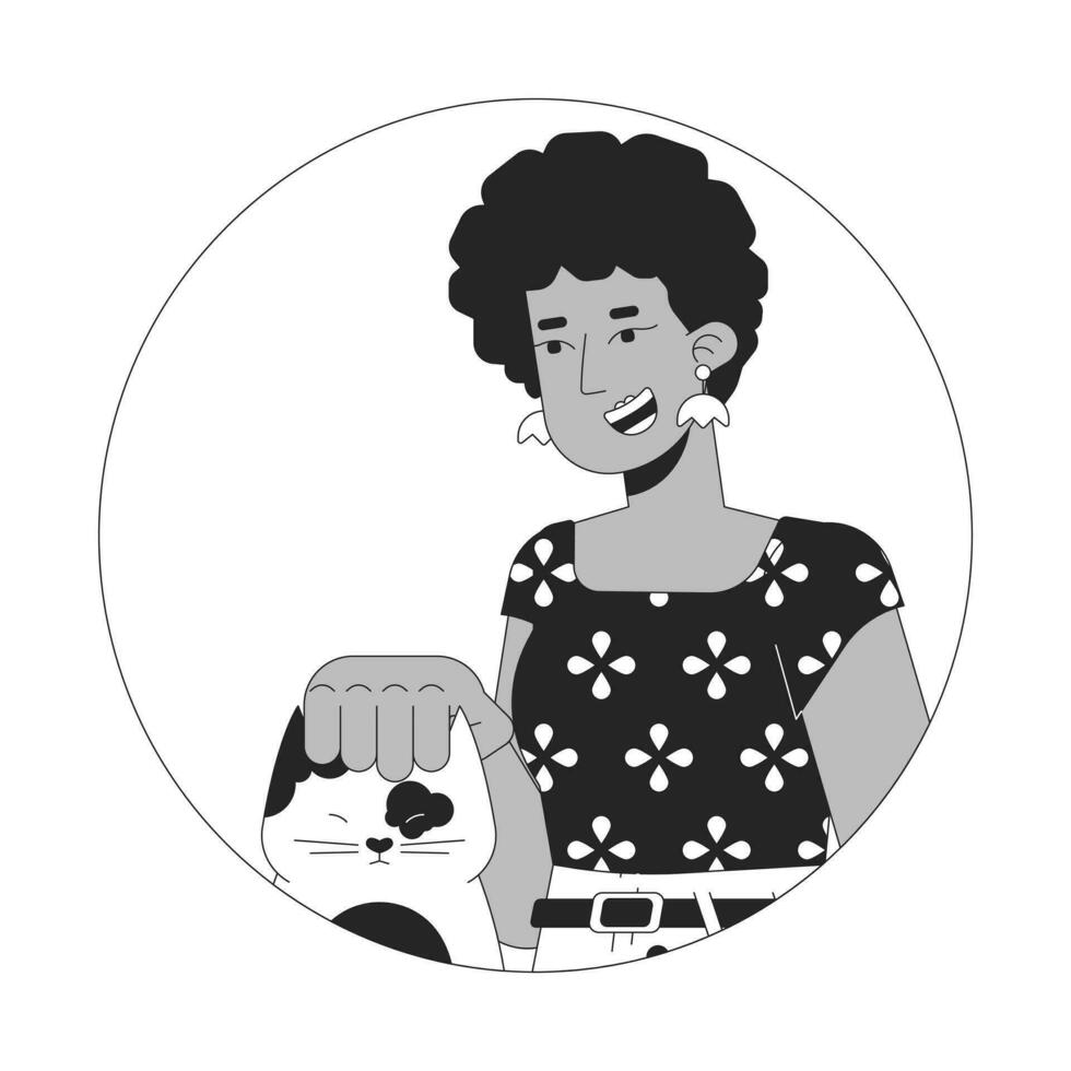 afro Haar Frau streicheln Katze Kopf schwarz und Weiß 2d Vektor Benutzerbild Illustration. afrikanisch amerikanisch Dame adoptieren Kätzchen Gliederung Karikatur Charakter Gesicht isoliert. Haustier Liebhaber weiblich eben Benutzer Profil Bild